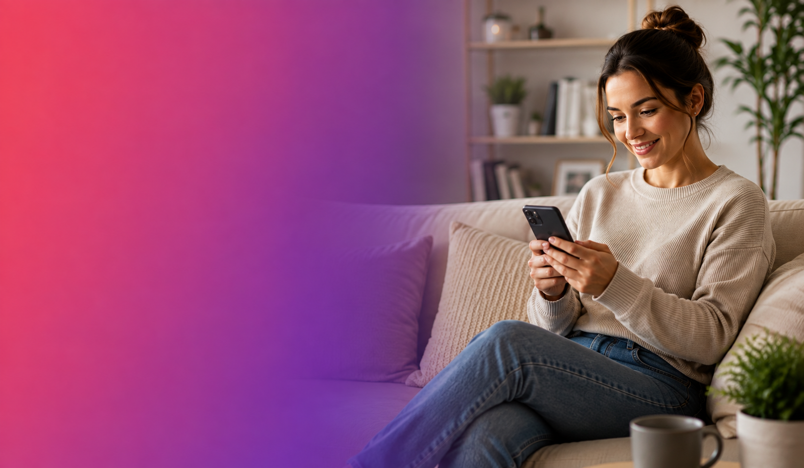 Mulher sorrindo no sofá enquanto conversa com o médico pelo celular